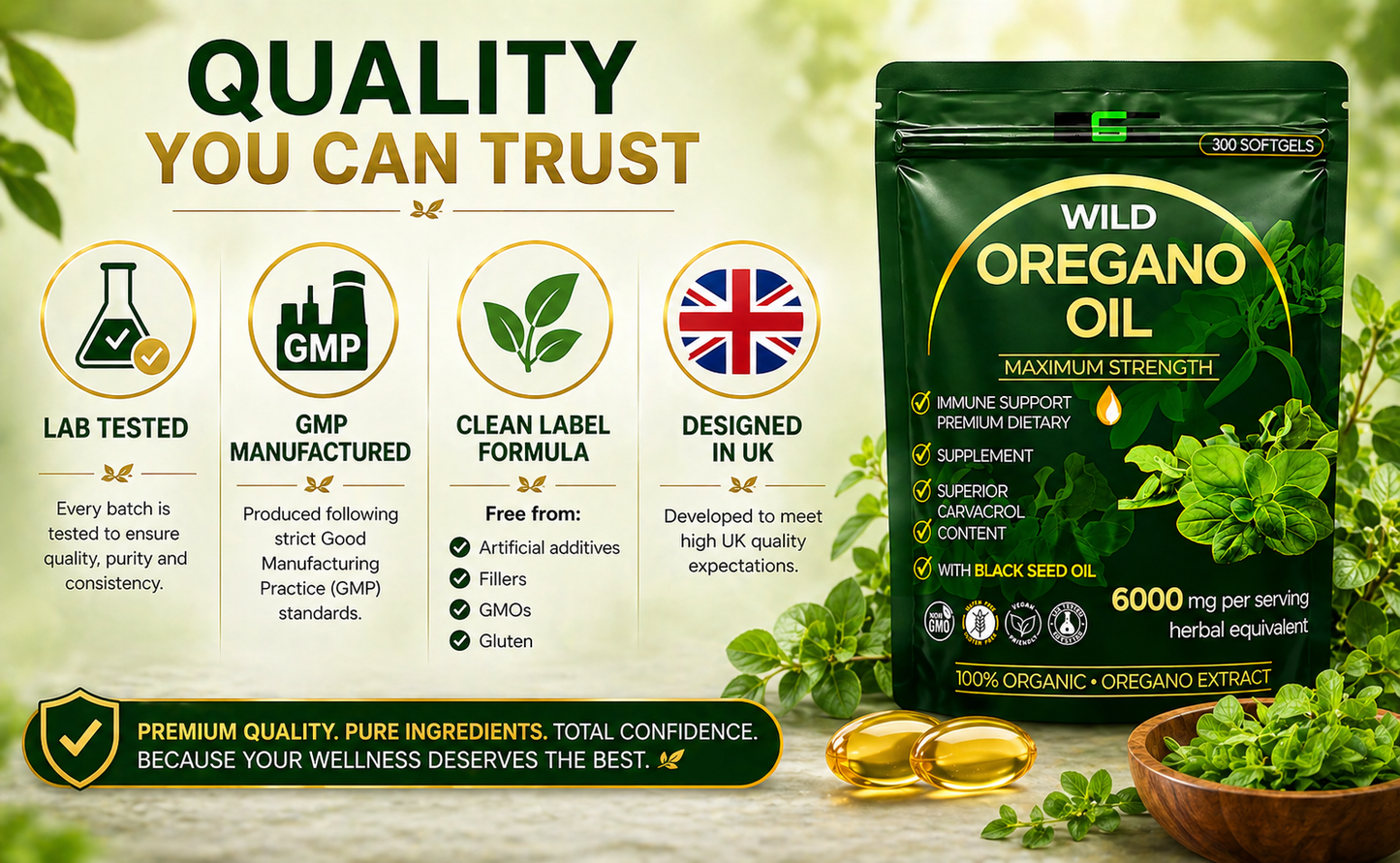 Wild Oregano Oil Capsules 6000mg 300 Softgels – 95% Carvacrol Formula with Black Seed Oil, Olive Leaf, Turmeric & Ginger