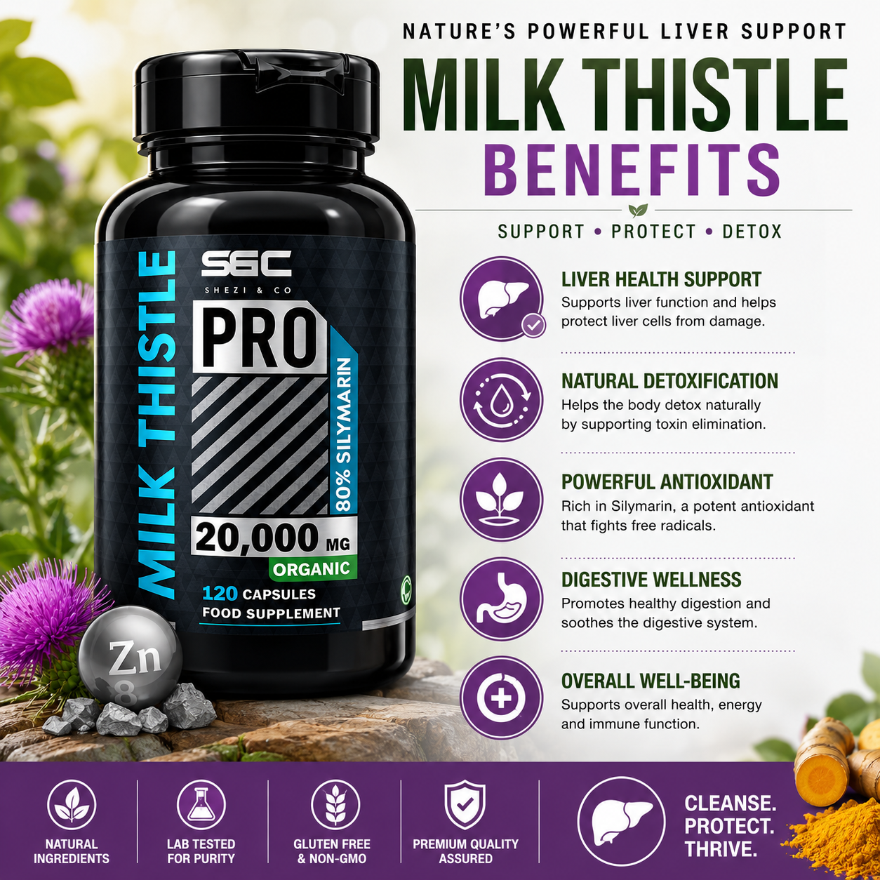 Milk Thistle 20000mg Capsules (120 Day Supply) Milk Thistle High Strength – 80% Silymarin Liver Support