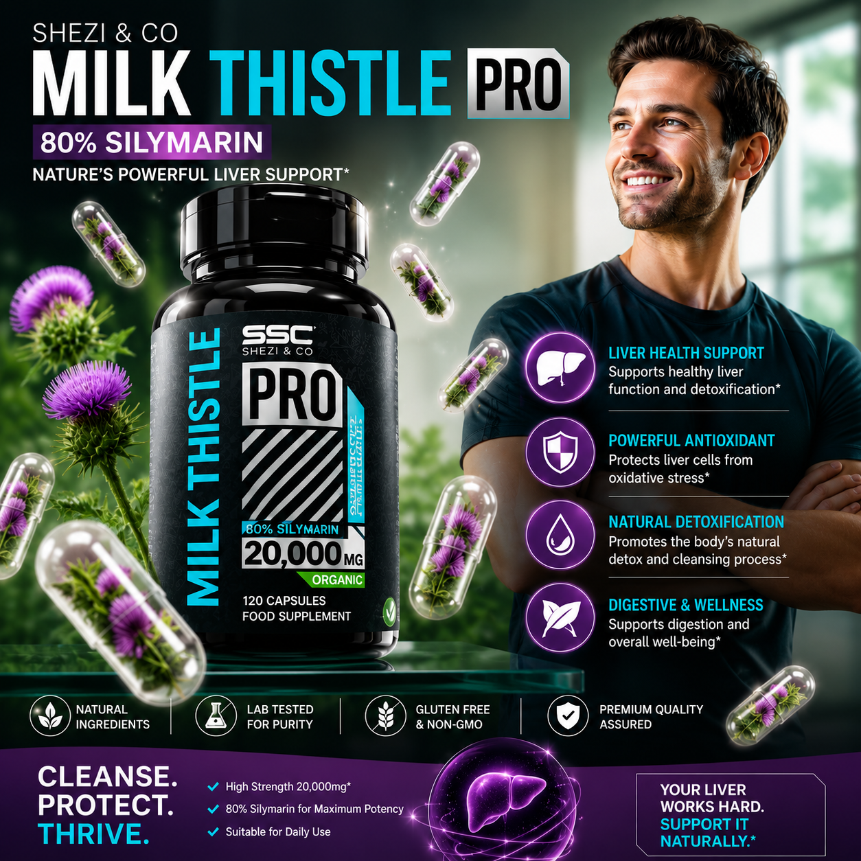 Milk Thistle 20000mg Capsules (120 Day Supply) Milk Thistle High Strength – 80% Silymarin Liver Support