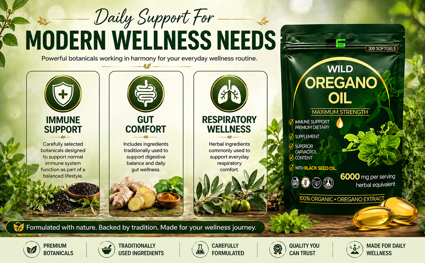 Wild Oregano Oil Capsules 6000mg 300 Softgels – 95% Carvacrol Formula with Black Seed Oil, Olive Leaf, Turmeric & Ginger