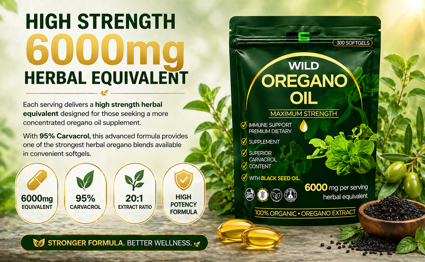 Wild Oregano Oil Capsules 6000mg 300 Softgels – 95% Carvacrol Formula with Black Seed Oil, Olive Leaf, Turmeric & Ginger