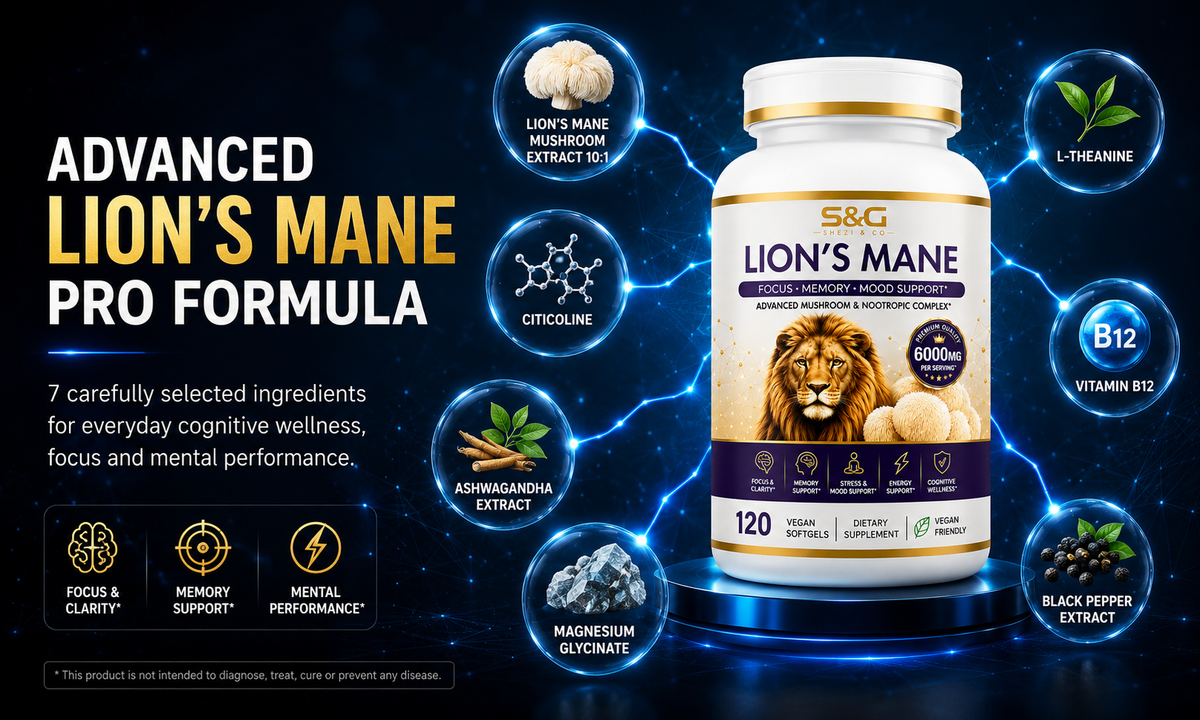 Lions Mane Elite+ 6000mg Advanced Mushroom & Nootropic Complex, 120 Vegan Softgels