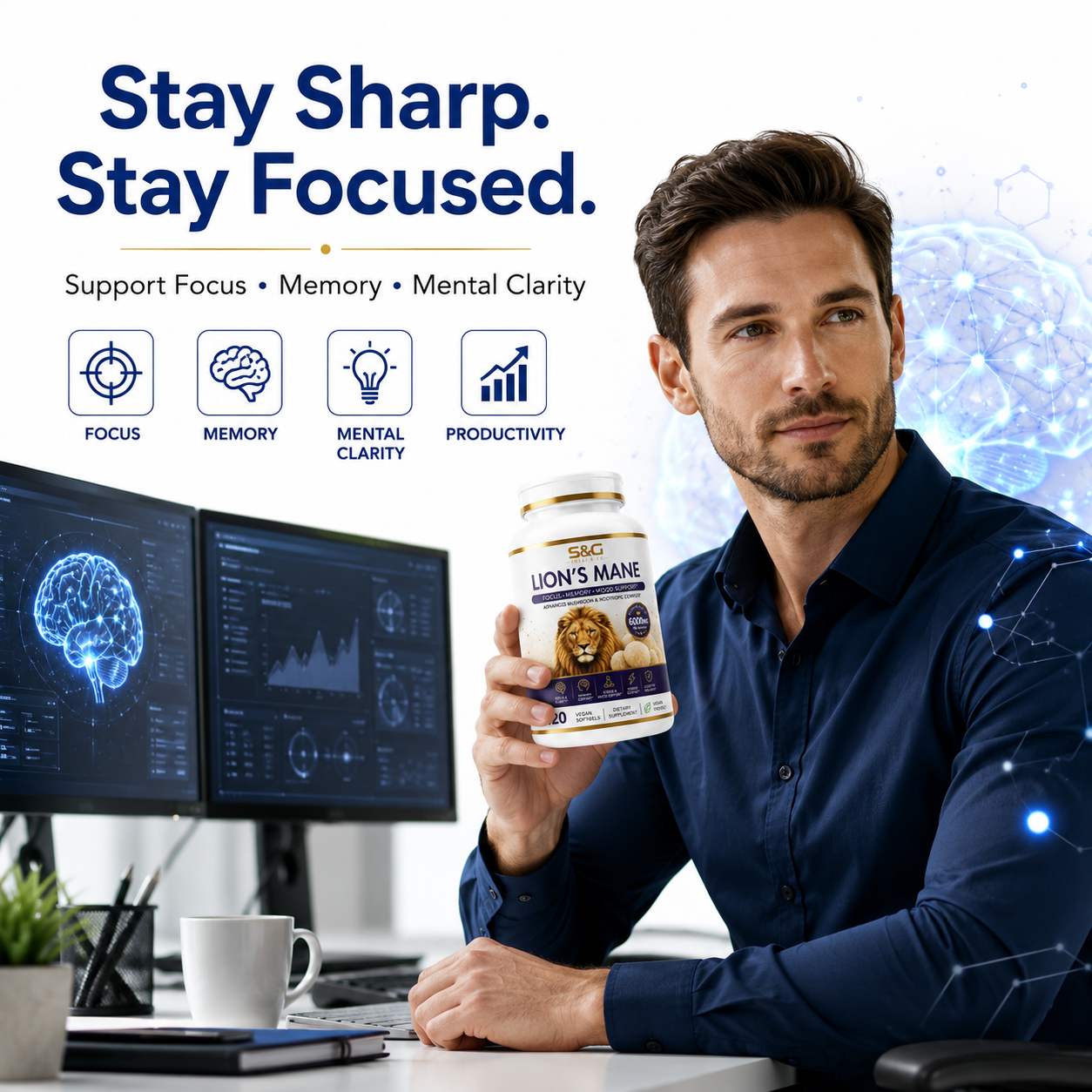 Lions Mane Elite+ 6000mg Advanced Mushroom & Nootropic Complex, 120 Vegan Softgels