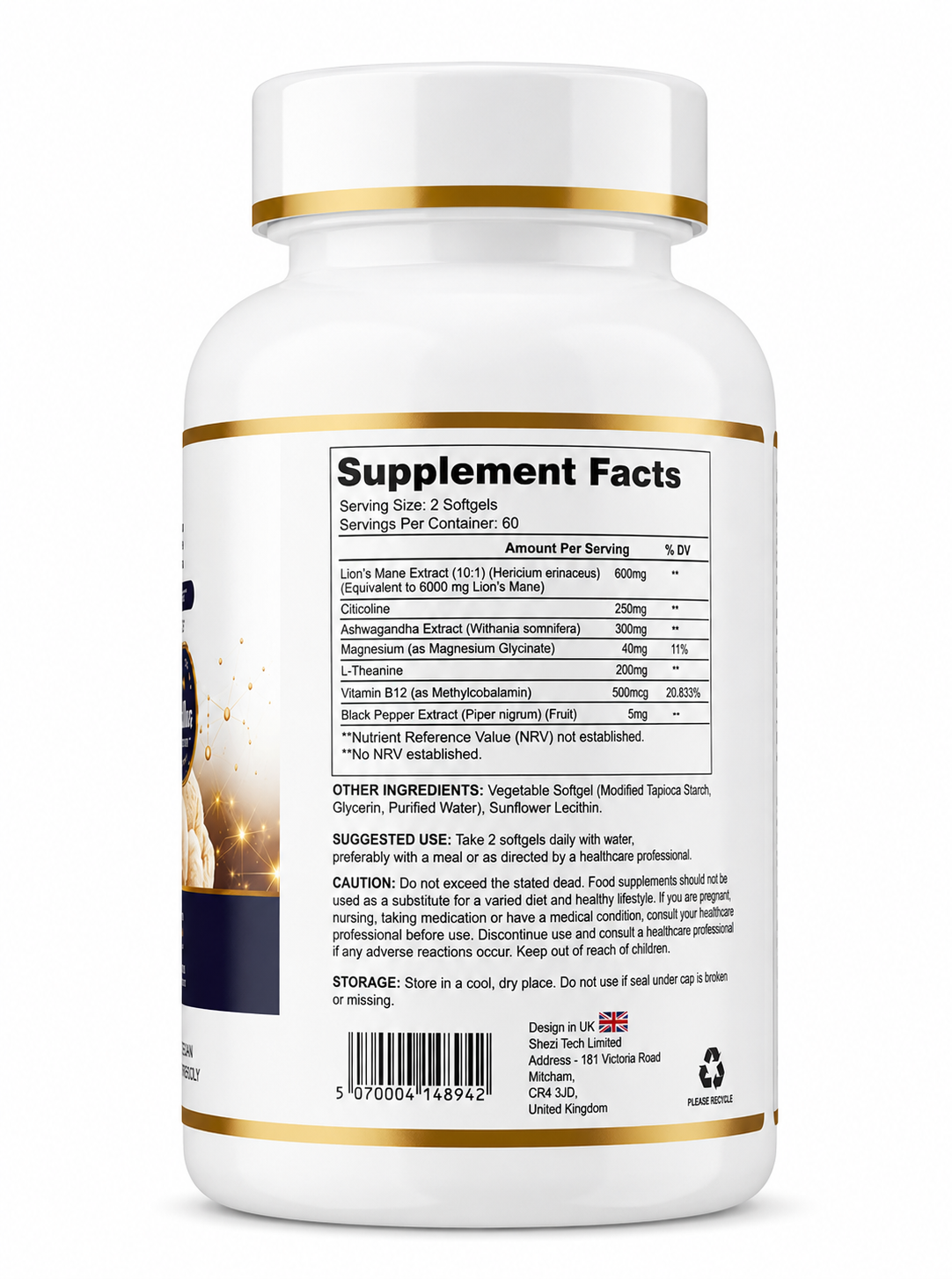 Lions Mane Elite+ 6000mg Advanced Mushroom & Nootropic Complex, 120 Vegan Softgels