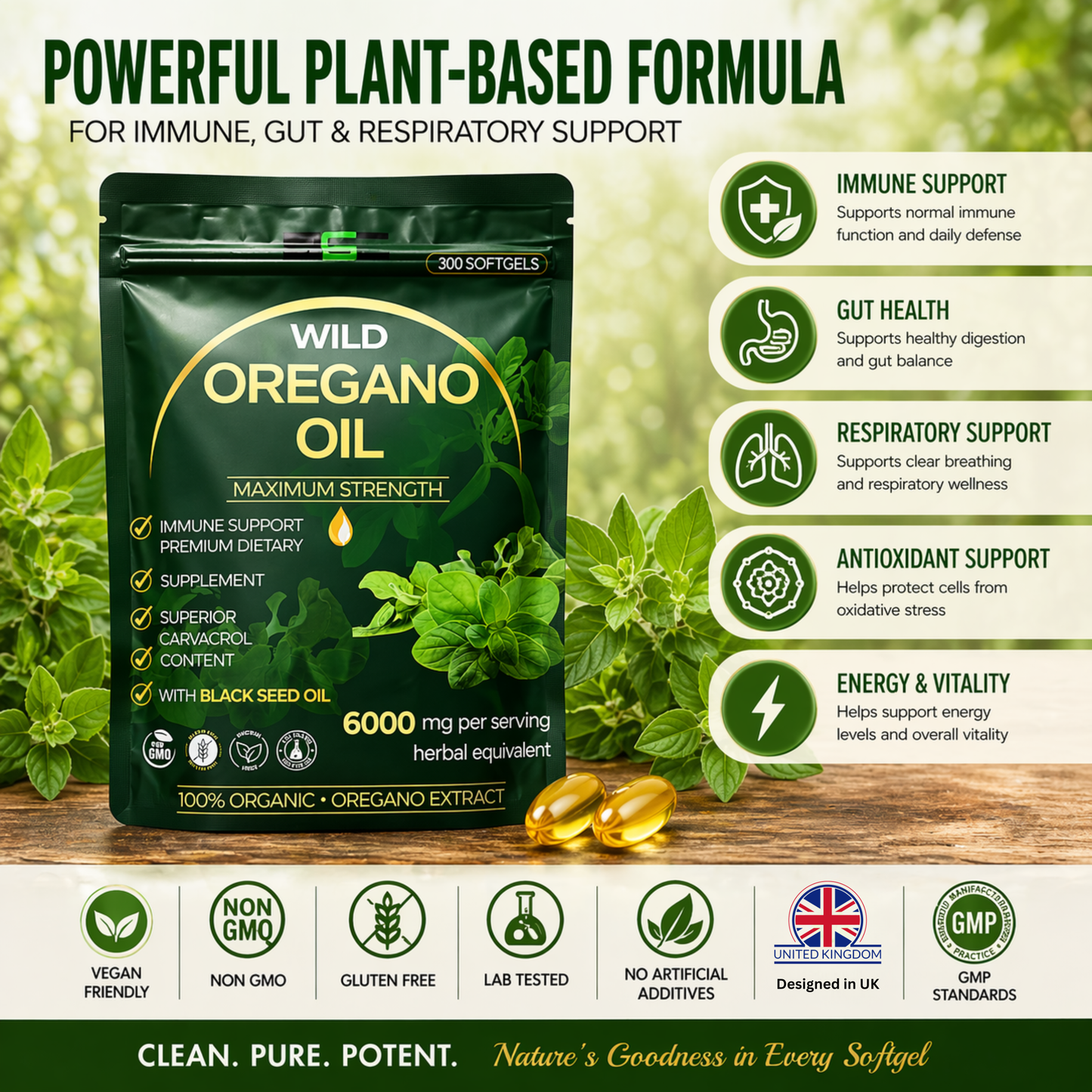 Wild Oregano Oil Capsules 6000mg 300 Softgels – 95% Carvacrol Formula with Black Seed Oil, Olive Leaf, Turmeric & Ginger