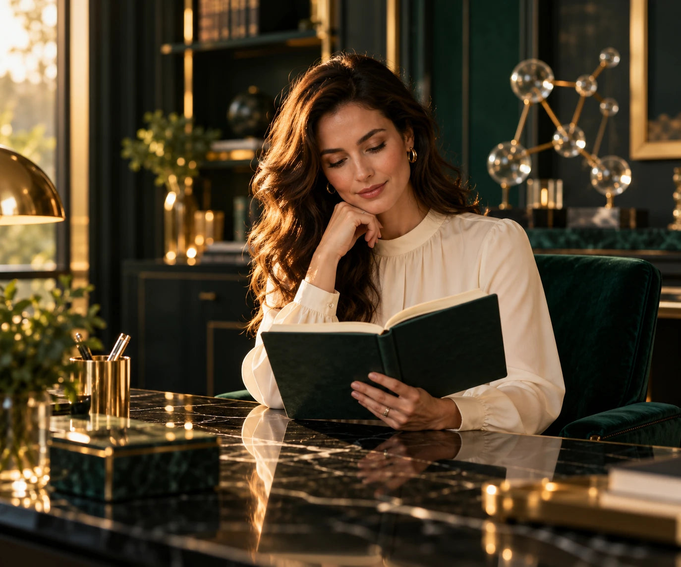 Woman reading about her wellness routine